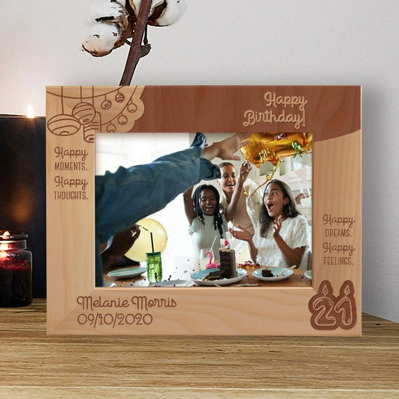 Happy Birthday Happy Moments Happy Thoughts Personalized Wooden Frame-7" x 5" Brown Horizontal