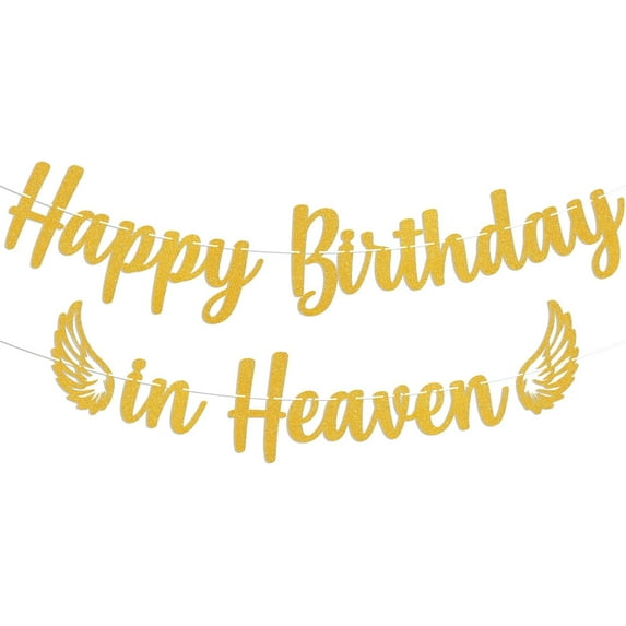 Happy Birthday in Heaven Banner - Heavensent Birthday Decor, Funeral Remembrance Party Decor, Funny Heavenly Angel Wing Birthday Party Decorations Gold Glitter