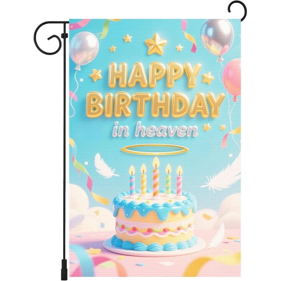 Happy Birthday in Heaven Garden Flag Funeral Memorial Flags for Cemetery Happy Heaven Birthday Banner Grave Cemetery Outdoor Decorations 12 x 18 Inch Double Sided
