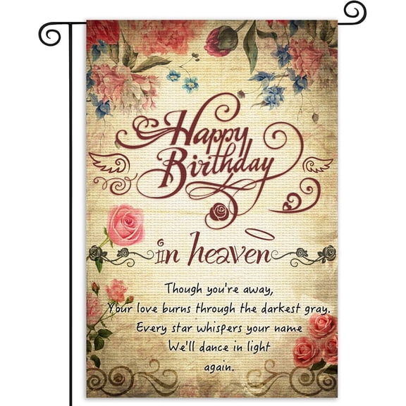 Happy Birthday in Heaven Garden Flags Funeral Remembrance Decoration for Cemetery 12x18 inch Double Side Funeral Memorial Flags Happy Heaven Birthday Banner