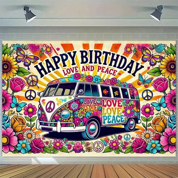 Happy Birthday Hippie Style Backdrop Vibrant Floral Love and Peace Birthday Party Background Retro Rainbow Bus Happy Birthday Party Decorations Banner Photo Booth Props