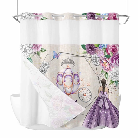 Happy Birthday No Hook Shower Curtain with Snap in Liner Watercolor Purple Floral Butterfly Carriage Linen Texture Waterproof Bathroom Shower Curtain with See Through Top Window for Bathtub 72" x 72"