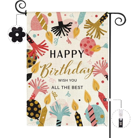 Happy Birthday House Flag 12.5 x 18 Inch Double Sided Burlap Spring Summer Colorful Party Decor Balloons Candles Cupcakes Festive Large Yard Flag Holiday Seasonal Outdoor Outside Decoration