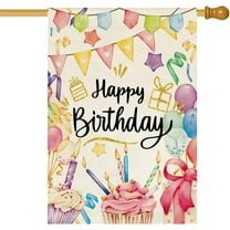 Happy Birthday House Flag 28 x 40 Inch Double Sided Burlap Spring Summer Colorful Party Decor Balloons Candles Cupcakes Festive Large Yard Flag Holiday Seasonal Outdoor Outside Decoration