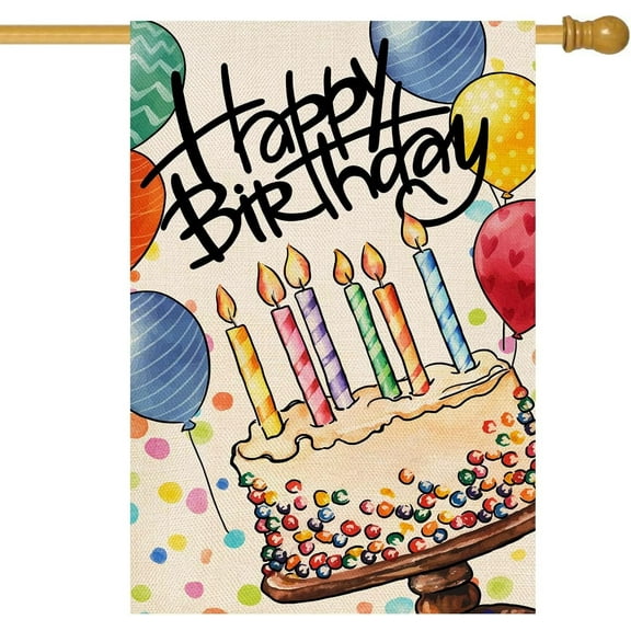 Happy Birthday House Flag Big Colorful Cake Candles Balloon Yard Flag Burlap Vertical Double-Sided Party Outdoor Home House Decoration 28 x 40 Inch(Large)