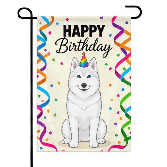 Happy Birthday Husky Garden Flag 12×18in Double Sided Dog Rainbow Party Hat Confetti UV Protected Decor For Outdoor Lawn Patio Yard Home Celebration