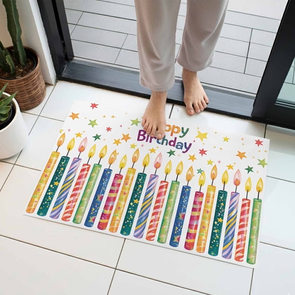 Happy Birthday Indoor Door Mat 16x24 Inch Colorful Candles Pentagram Front Door Mat Non Slip Washable Entryway Rug Low Profile Dirt Trapper Doormat for Bathroom Kitchen Bedroom