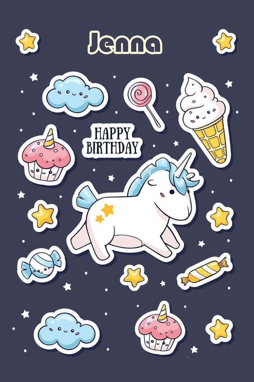 Deluxe Publishing “Happy Birthday Jenna” Personalized Lined Notebook/Journal, 6" x 9", 100 Pages, Soft Cover, Glossy, Cute Cartoon Decorations