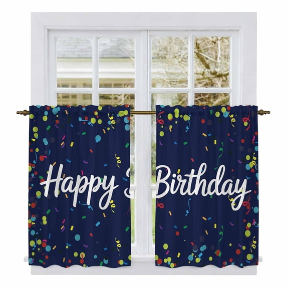 Happy Birthday Kitchen Curtains, Navy Blue Modern Abstract Art Light Filtering Window Curtain Panels, 2Pcs Rod Pocket Window Treatments Set for Study Room Bathroom Bedroom 52x54 Inches