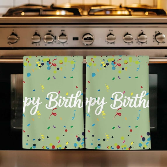 Happy Birthday Kitchen Towels Set of 1, Sage Green Modern Abstract Art Absorbent Dish Towels for Kitchen, Microfiber Hand Towel, Quick Drying Tea Towel for Cleaning Decorative Dishcloths