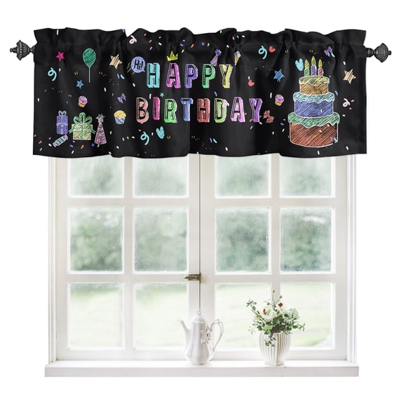 Happy Birthday Kitchen Valances for Windows 42x12 Inch Kitchen Curtains Valances Rod Pocket Birthday Gifts Cake Balloons Black Bathroom Window Valances for Window Treatment Decor
