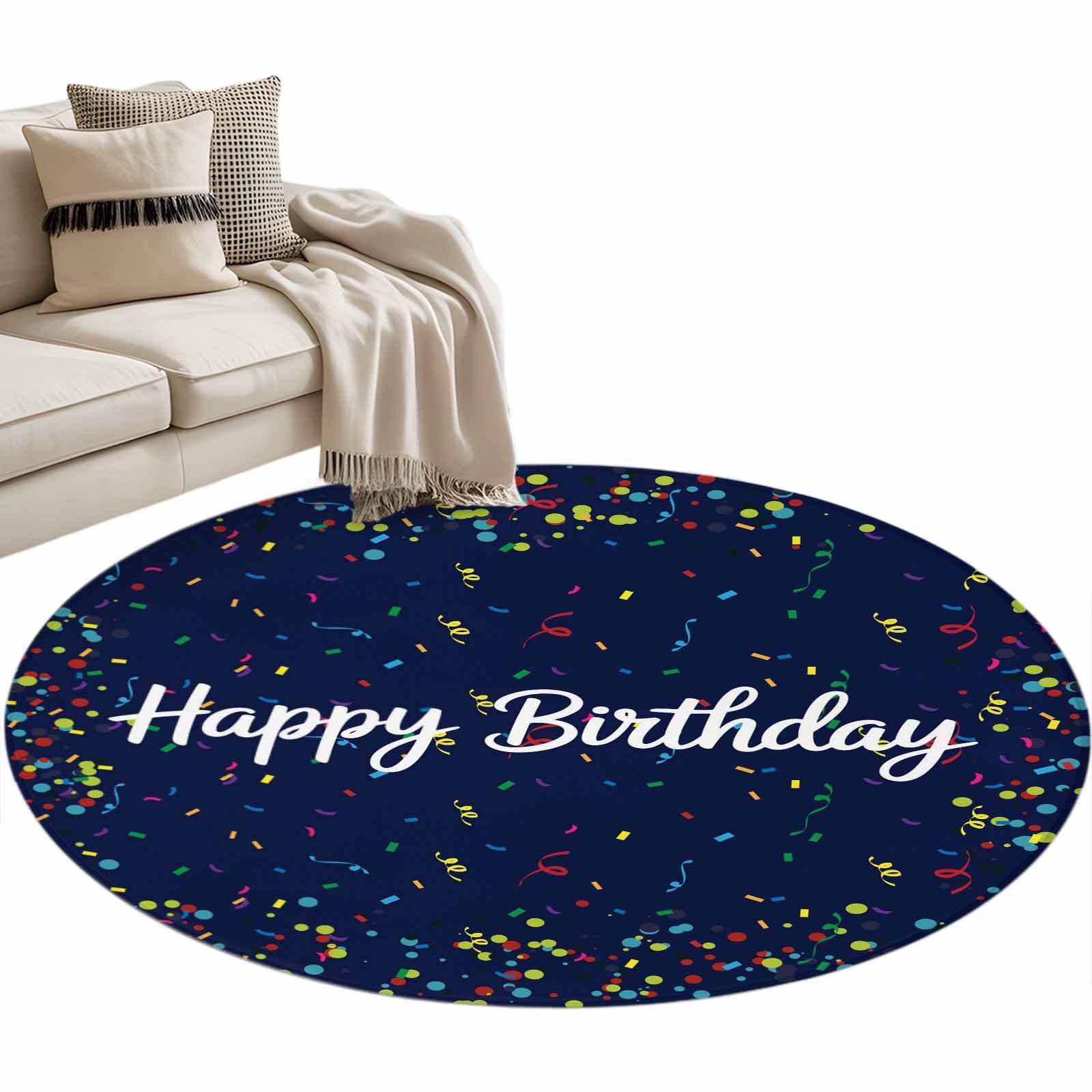 Happy Birthday Large Area Rugs for Bedroom Living Room, Soft Non Slip Carpet Bedside Rug, Navy Blue Modern Abstract Art Round Floor Cover Kitchen Accent Rug 4' for Dining Room/Office
