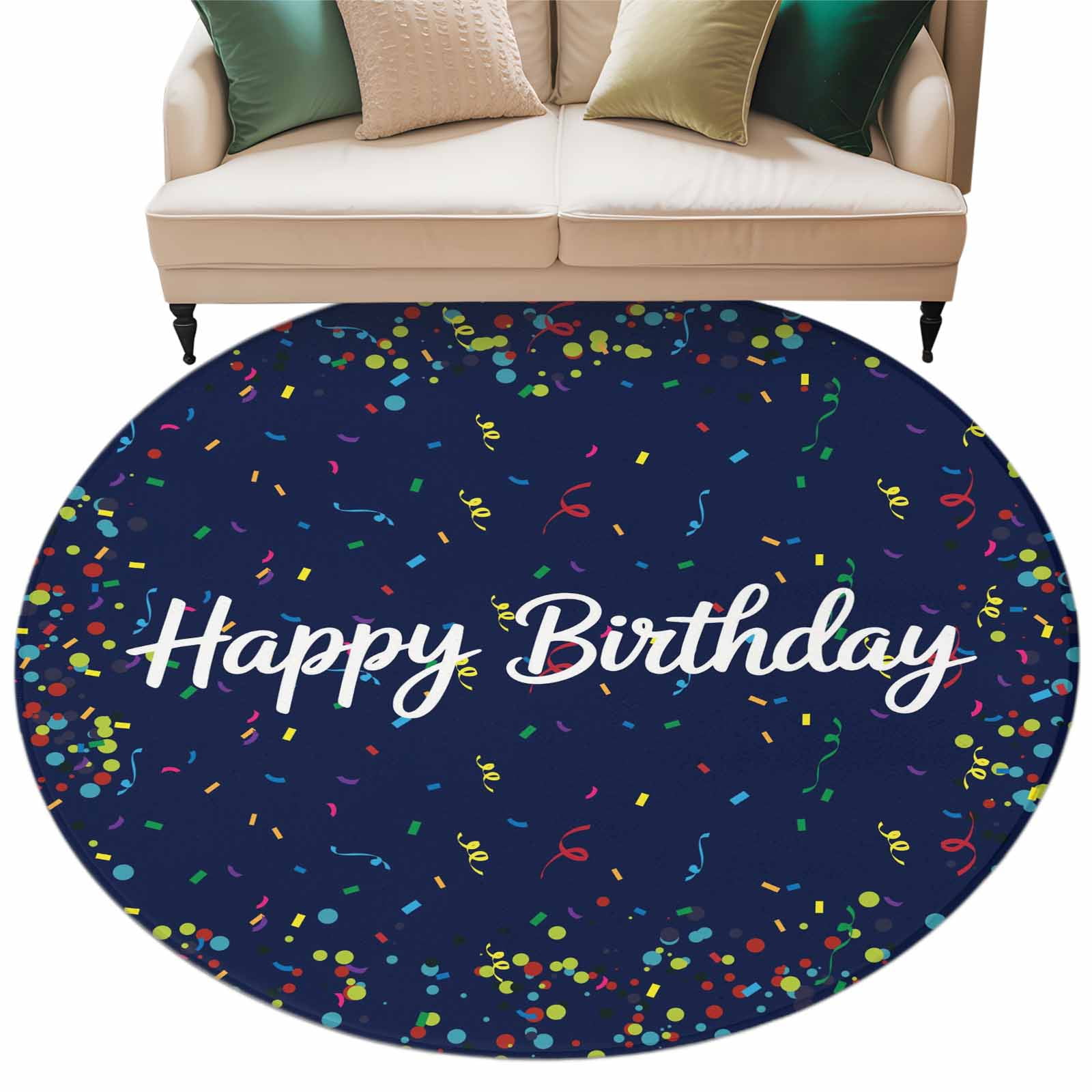 Happy Birthday Large Area Rugs for Bedroom Living Room, Soft Non Slip Carpet Bedside Rug, Navy Blue Modern Abstract Art Round Floor Cover Kitchen Accent Rug 7' for Dining Room/Office