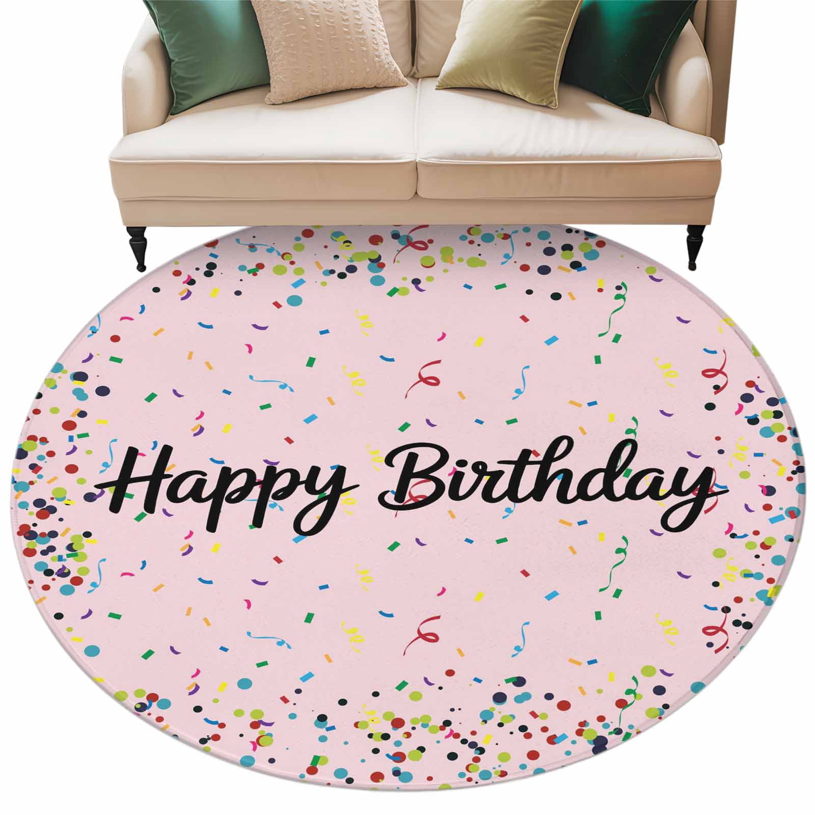 Happy Birthday Large Area Rugs for Bedroom Living Room, Soft Non Slip Carpet Bedside Rug, Pink Modern Abstract Art Round Floor Cover Kitchen Accent Rug 5' for Dining Room/Office