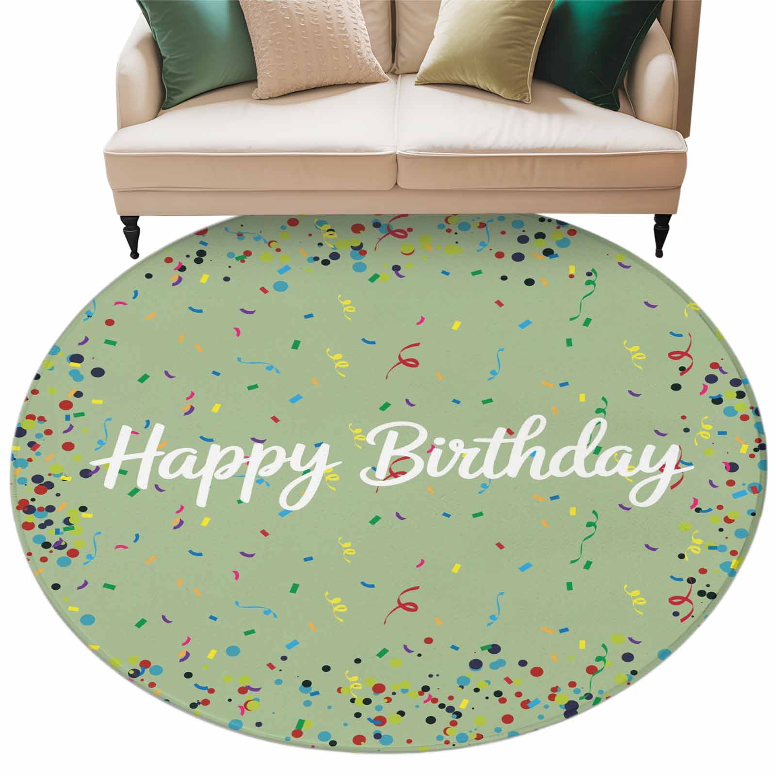 Happy Birthday Large Area Rugs for Bedroom Living Room, Soft Non Slip Carpet Bedside Rug, Sage Green Modern Abstract Art Round Floor Cover Kitchen Accent Rug 8' for Dining Room/Office