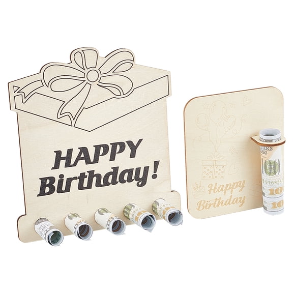 Happy Birthday Laser Cut Wooden Money Holder Display Stands Gift Box Shape Wheat 16.8x15.95cm