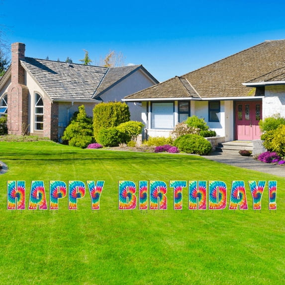 Happy Birthday Lawn Letters - Yard Decorations - Tie Dye Print and Metal Stakes
