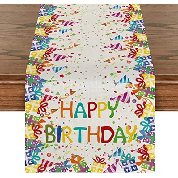 Happy Birthday Linen Table Runner Gifts Polka Dot Hats Kitchen Dining Table Decor for Wedding Decor Party Washable Table Runner