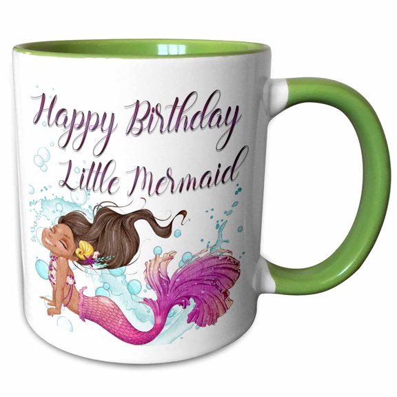 3drose, Happy Birthday Little Mermaid with a Cute Mermaid in Pink, 15oz Two-tone Green Mug