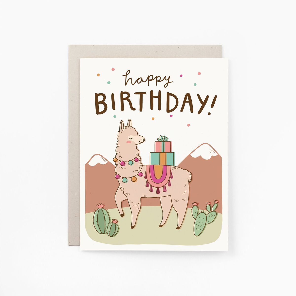 Happy Birthday Llama Card Cute Birthday Greeting Card with Gifts & Mountains Blank Inside for Personal Messages Perfect for Friends and Family Celebrations