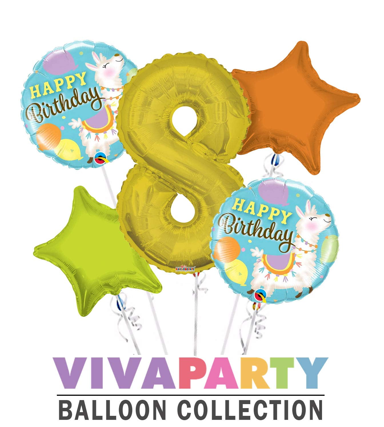 MIXED Happy Birthday Llama Round Balloon Bouquet 5 pc, 8th Birthday, Gold Number 8 Jumbo Balloon | Viva Party Balloon Collection