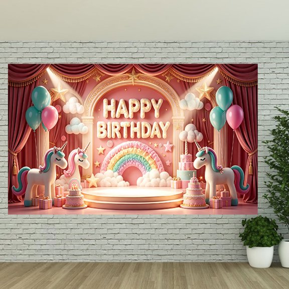 Happy Birthday Luxury Unicorn Backdrop Pink Curtain Stage Rainbow Cake Birthday Banner Girls Princess Birthday Decorations Background