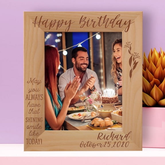 Happy Birthday May You Always Have That Shining Smile Like Today Personalized Wooden Frame 8" x 10" Brown (Vertical)