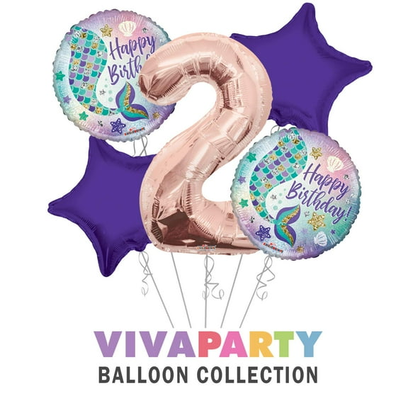 Happy Birthday Mermaid Round Balloon Bouquet 5 pc, 2nd Birthday, Rose Gold Number 2 Jumbo Balloon | Viva Party Balloon Collection