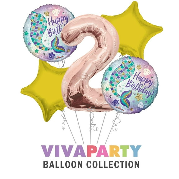 Happy Birthday Mermaid Round Balloon Bouquet 5 pc, 2nd Birthday, Rose Gold Number 2 Jumbo Balloon | Viva Party Balloon Collection