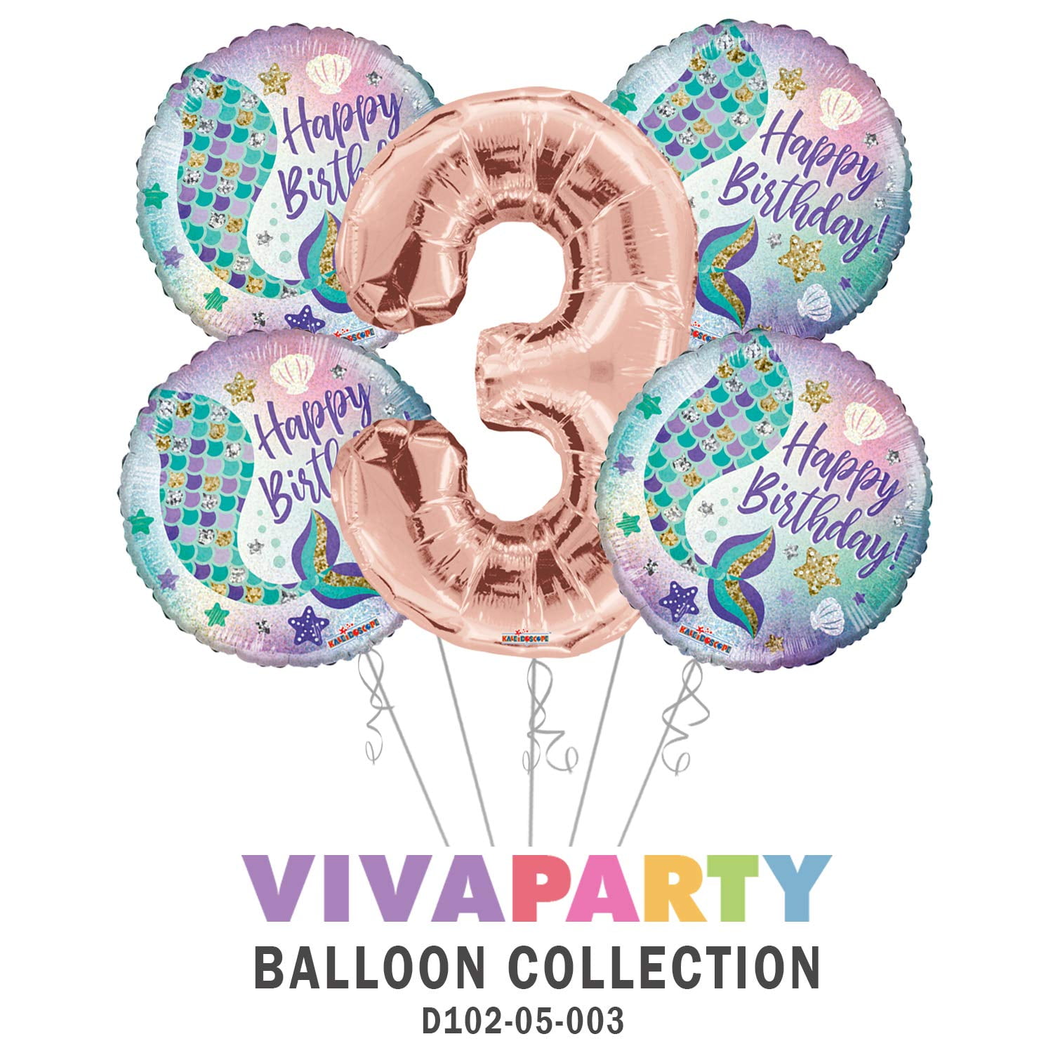 Happy Birthday Mermaid Round Balloon Bouquet 5 pc, 3rd Birthday, Rose Gold Number 3 Jumbo Balloon | Viva Party Balloon Collection