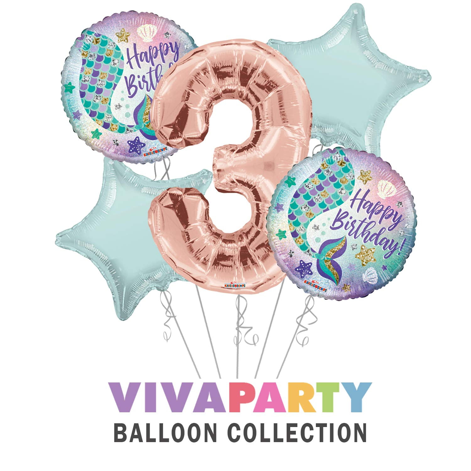 KALEDISCOPE Happy Birthday Mermaid Round Balloon Bouquet 5 pc, 3rd Birthday, Rose Gold Number 3 Jumbo Balloon | Viva Party Balloon Collection