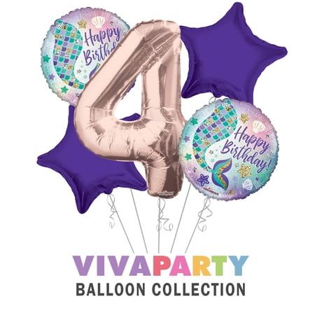 Happy Birthday Mermaid Round Balloon Bouquet 5 pc, 4th Birthday, Rose Gold Number 4 Jumbo Balloon | Viva Party Balloon Collection