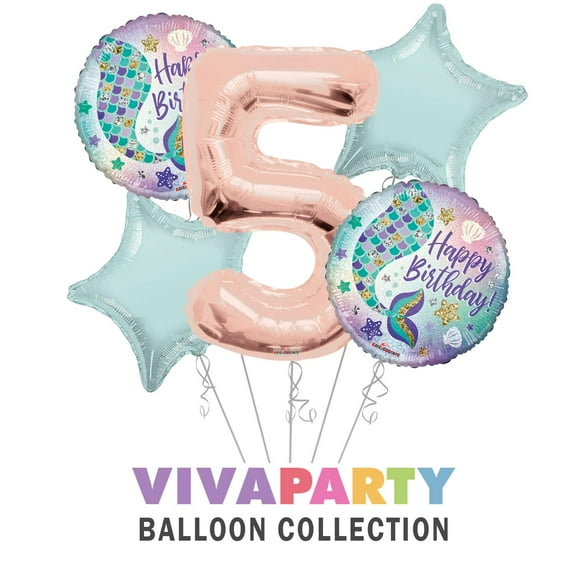 Happy Birthday Mermaid Round Balloon Bouquet 5 pc, 5th Birthday, Rose Gold Number 5 Jumbo Balloon | Viva Party Balloon Collection