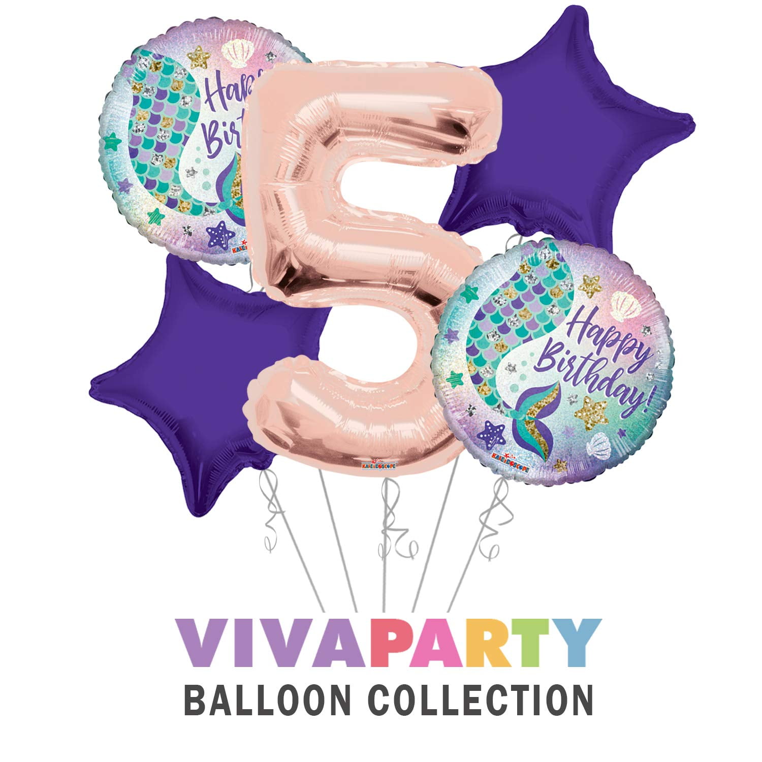 Happy Birthday Mermaid Round Balloon Bouquet 5 pc, 5th Birthday, Rose Gold Number 5 Jumbo Balloon | Viva Party Balloon Collection