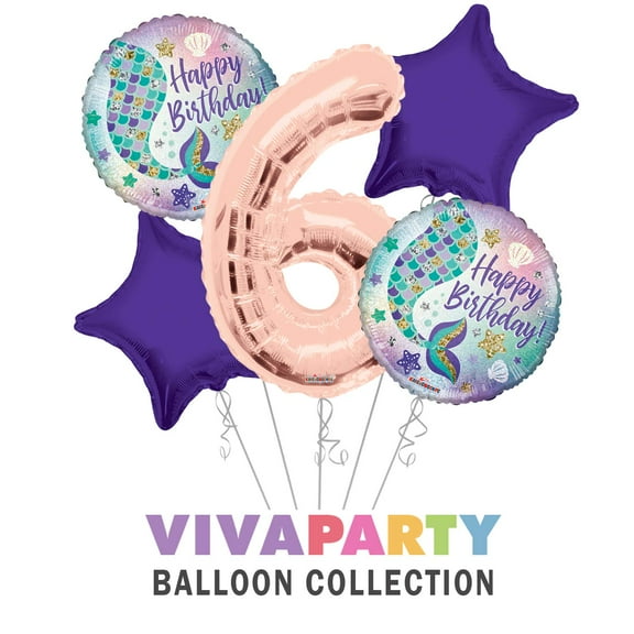 Happy Birthday Mermaid Round Balloon Bouquet 5 pc, 6th Birthday, Rose Gold Number 6 Jumbo Balloon | Viva Party Balloon Collection
