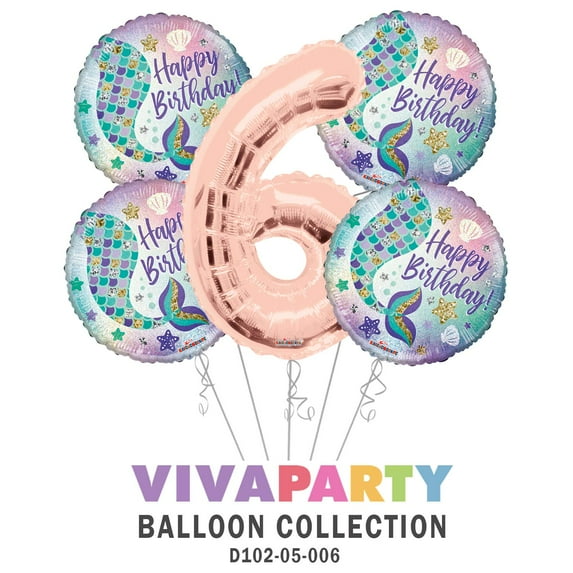 Happy Birthday Mermaid Round Balloon Bouquet 5 pc, 6th Birthday, Rose Gold Number 6 Jumbo Balloon | Viva Party Balloon Collection