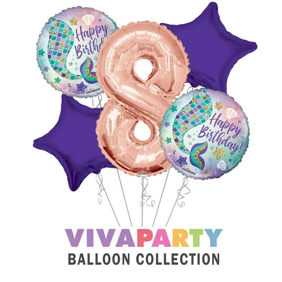 Happy Birthday Mermaid Round Balloon Bouquet 5 pc, 8th Birthday, Rose Gold Number 8 Jumbo Balloon | Viva Party Balloon Collection