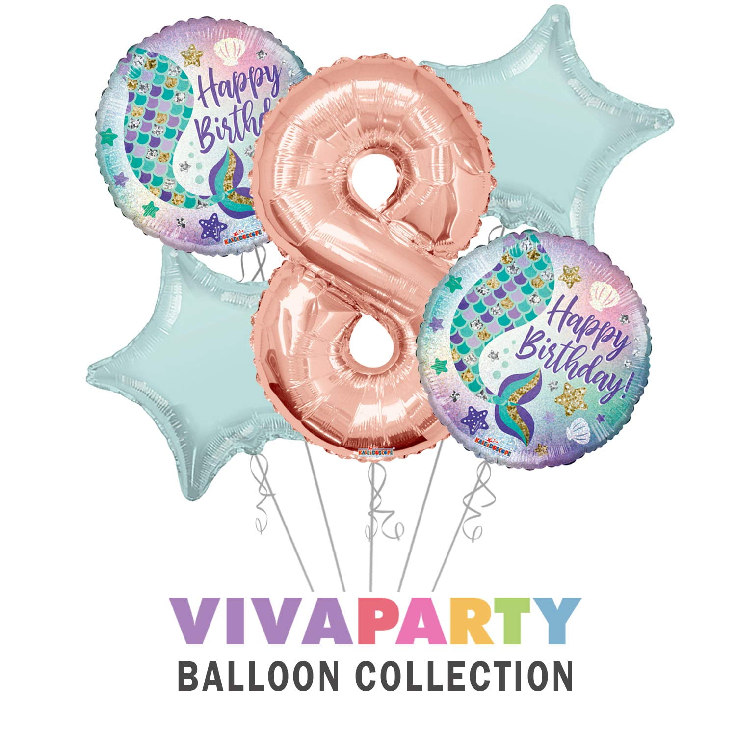 Happy Birthday Mermaid Round Balloon Bouquet 5 pc, 8th Birthday, Rose Gold Number 8 Jumbo Balloon | Viva Party Balloon Collection