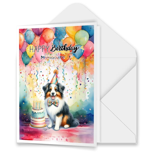 Happy Birthday to Miniature American Shepherd Kitten Party Balloons Cake 5x7in Folded Greeting Card MAS Dog Lover Gifts Single Note Card with Envelope - 00027