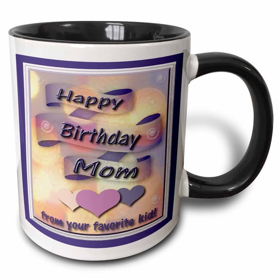 3drose, Happy Birthday Mom from Your Favorite Kid, Ribbon and Hearts, 11oz Two-tone Black Mug