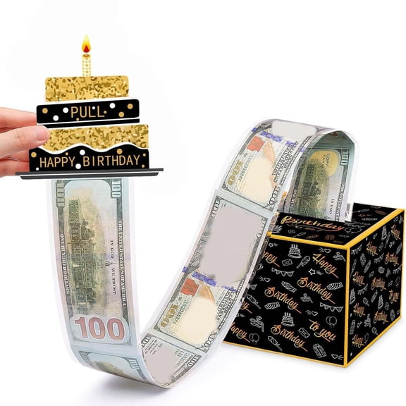 Happy Birthday Money Box Cash Gift, QQZ DIY Surprise Birthday Gift Set with Money Roll, Sturdy Cardboard Cash Out Box for Unforgettable Birthday Moments, Black