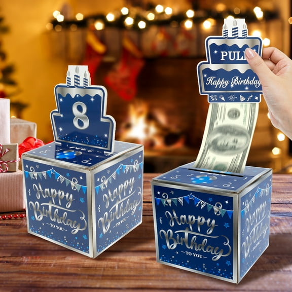 Happy Birthday Money Gift Box with DIY Stickers for Any Age - Blue Sliver Surprise Birthday Party Cash Gift Box with Pull Out Card for Men Boys - A Fun Way to Present Cash as Gifts