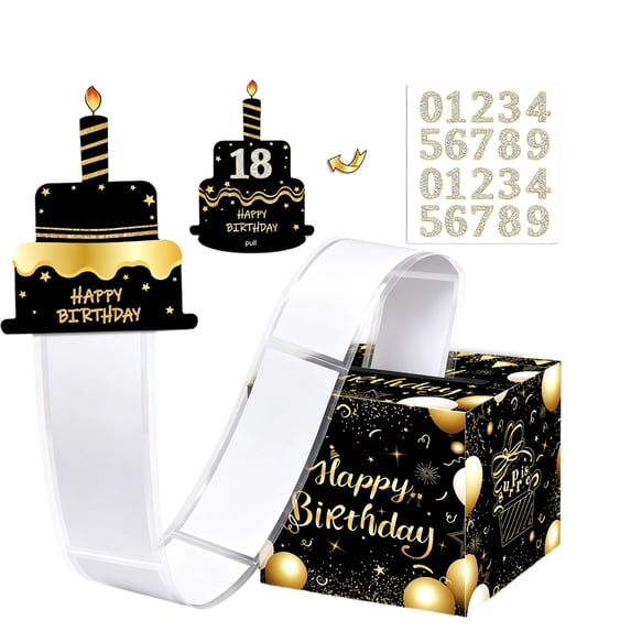 Happy Birthday Money Pull Box Birthday Surprise Gift Box with Hidden Cash Slot Party Table Favor and Pull Card Design,,Black Gold