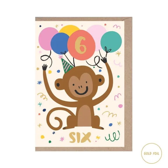 Happy Birthday Monkey Card  Fun Gold Foil Design for 6-Year-Olds  Cute Party Hat and Balloons  Blank Inside, Envelope Included, Perfect for Kids Birthday Celebrations