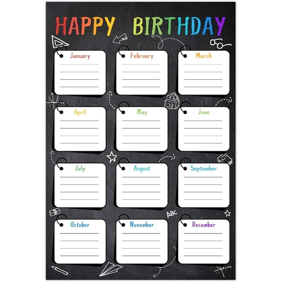 Happy Birthday Months Poster Birthday Classroom Chart Paper Reusable Black Bulletin Boards Calendars Posters with 10Pcs Seamless Double Sided Adhesive