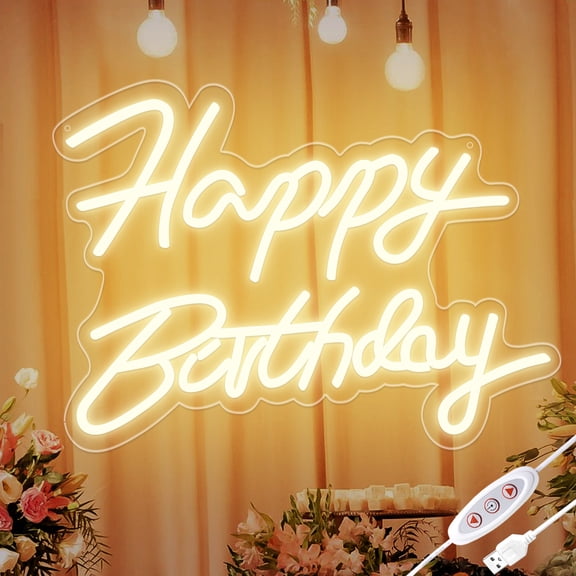 Happy Birthday Neon Sign, Dimmable LED Neon Light for Party Wall Decor, USB Powered Warm White Neon Sign for Birthday Celebration