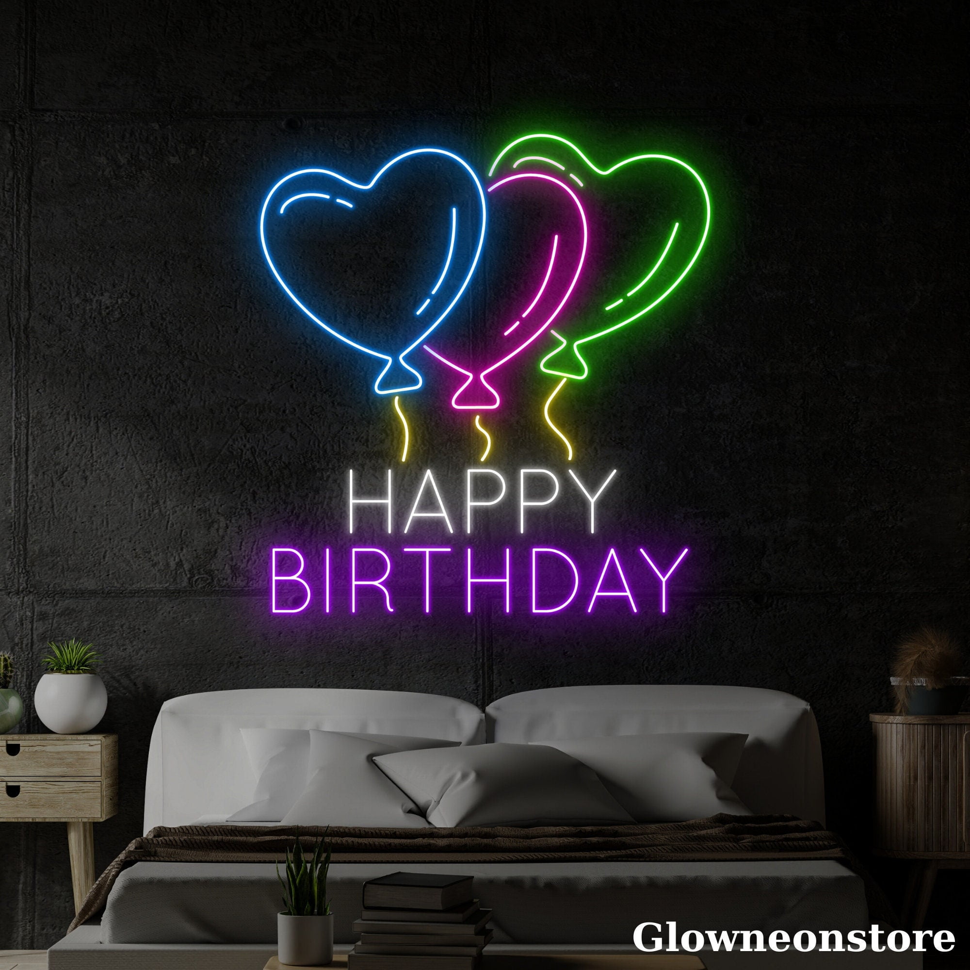 Happy Birthday Neon Sign, Happy Birthday LED Sign, Heart Balloon Led