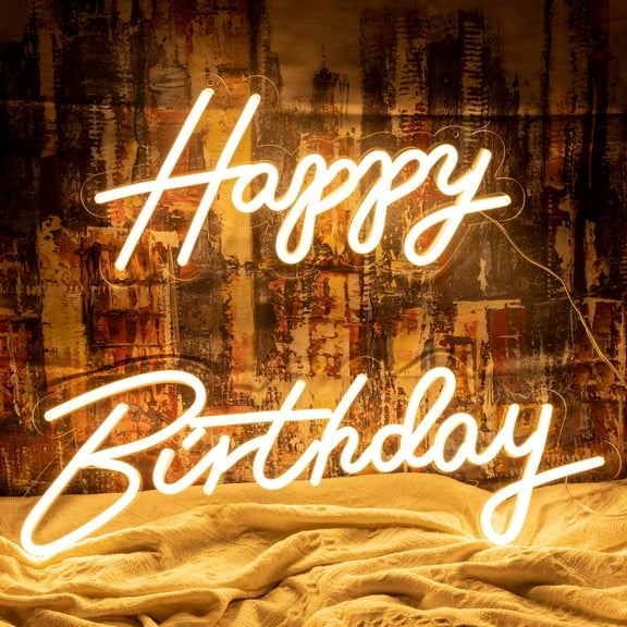 Happy Birthday Neon Sign for Wall Decor, Size 16.5x8 inch + 23x8 inch Dimmable Switch Warm White Art Signs Led Neon Light for All Ages Birthday Party Home Decoration Bar Rave Holiday Light Gifts
