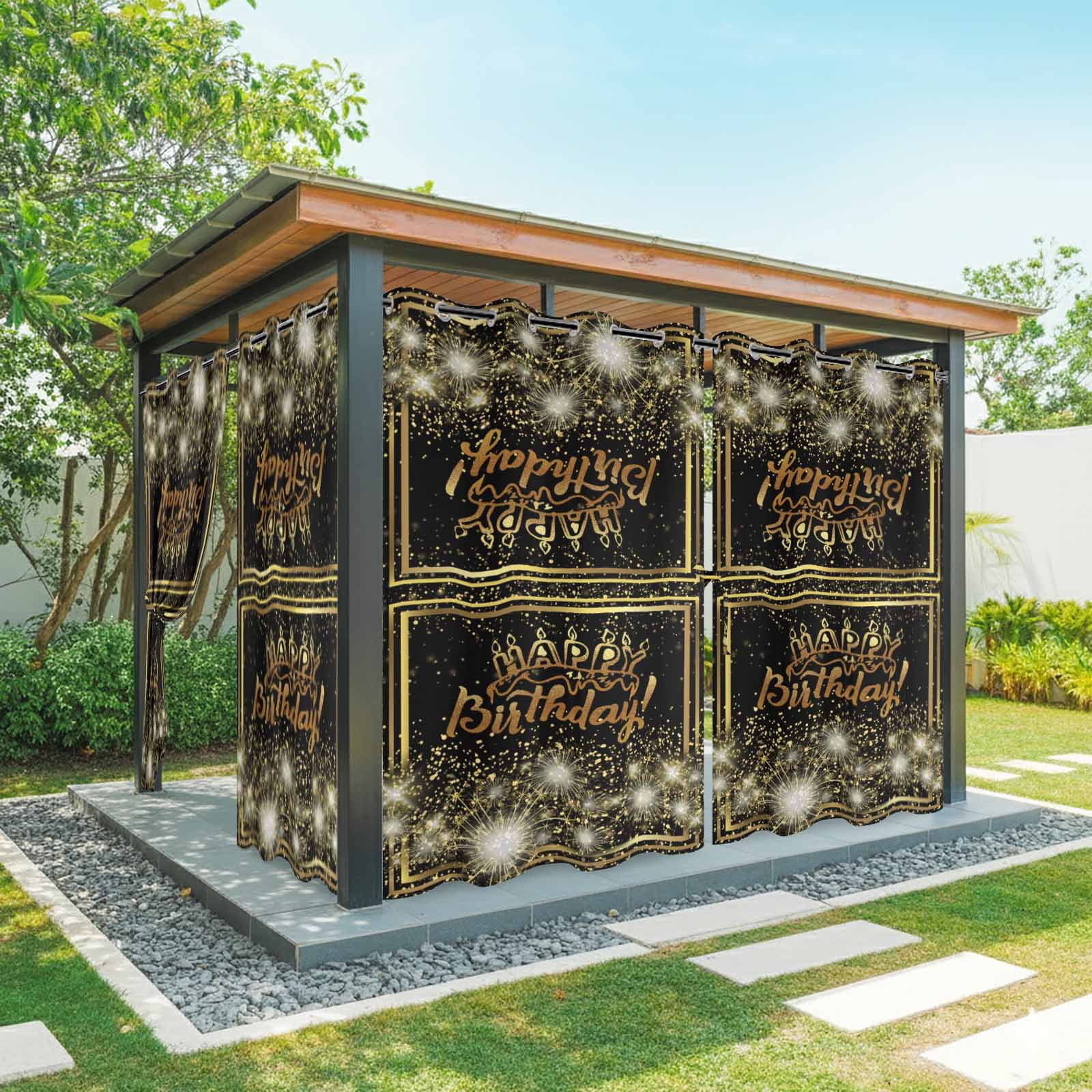 Hapy Rommet Happy Birthday Outdoor Curtains for Patio Waterproof, Gold Black ...