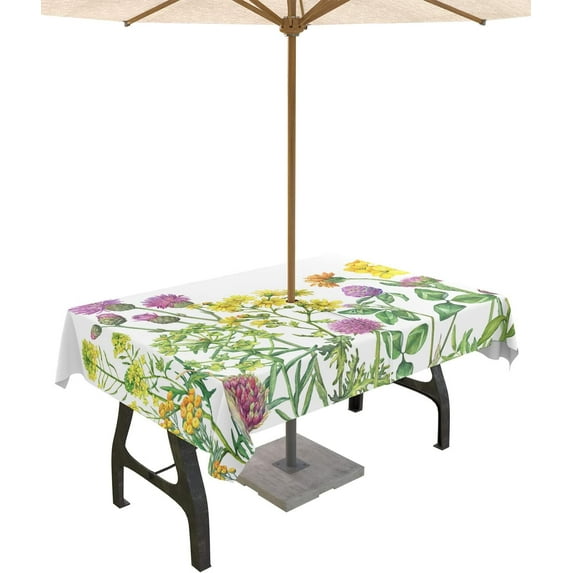 Happy Birthday Outdoor Rectangle Tablecloth with Umbrella Hole 60x84,Wrinkle Free Wipeable Fabric Table Cloth Waterproof Zippered Cover for Camping Patio Party,Colored Ribbon Boho Stripes Polka Dot